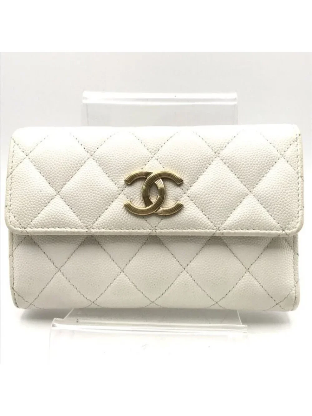 Chanel CC Logo Quilted Caviar Leather Trifold Wallet White Random